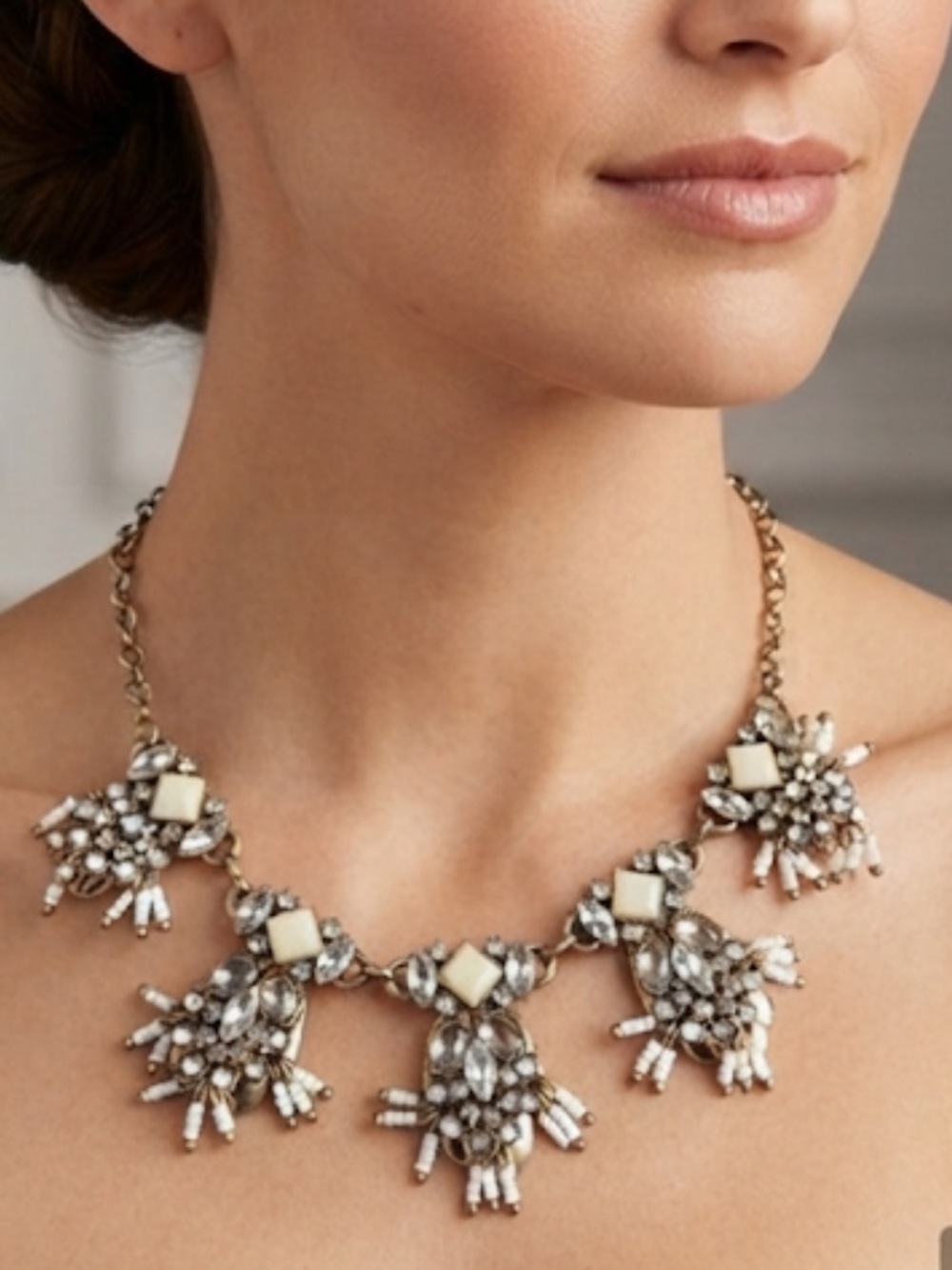 Dress Barn White and Gold Crystal Fringe Necklace